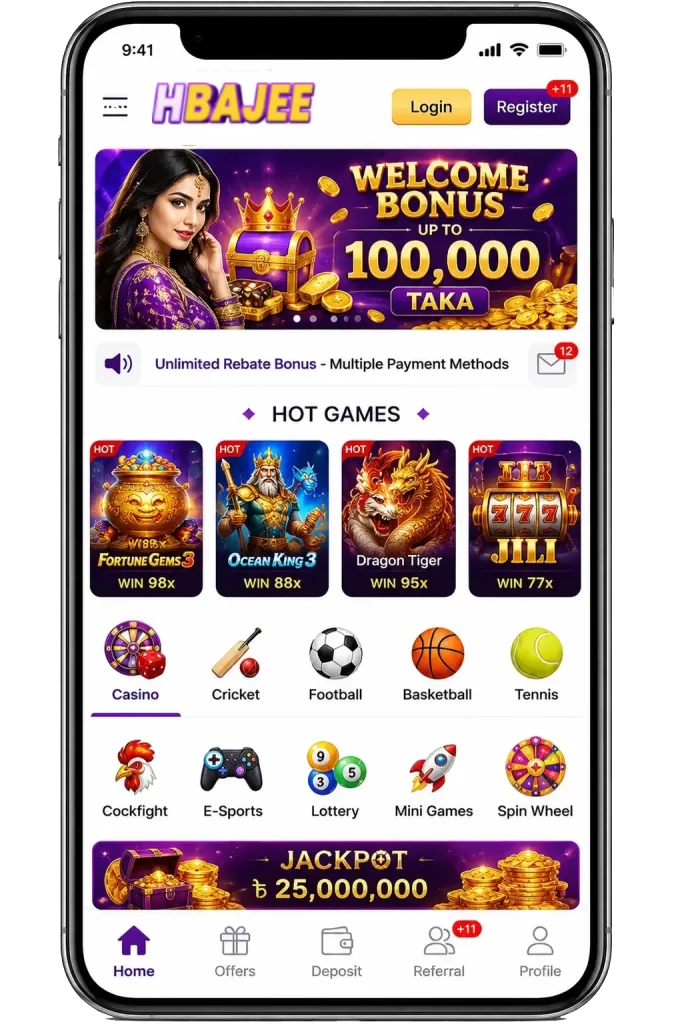 Mobile app interface of online casino on smartphone screen
